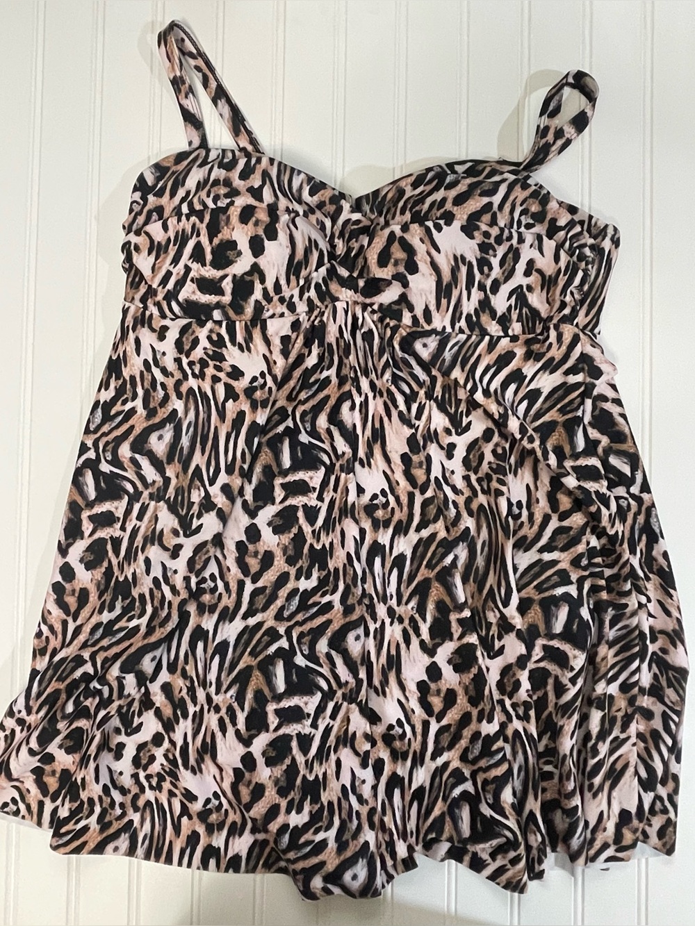 Nicole Miller Studio Leopard Print Babydoll Swimsuit One Piece Tan Black Large